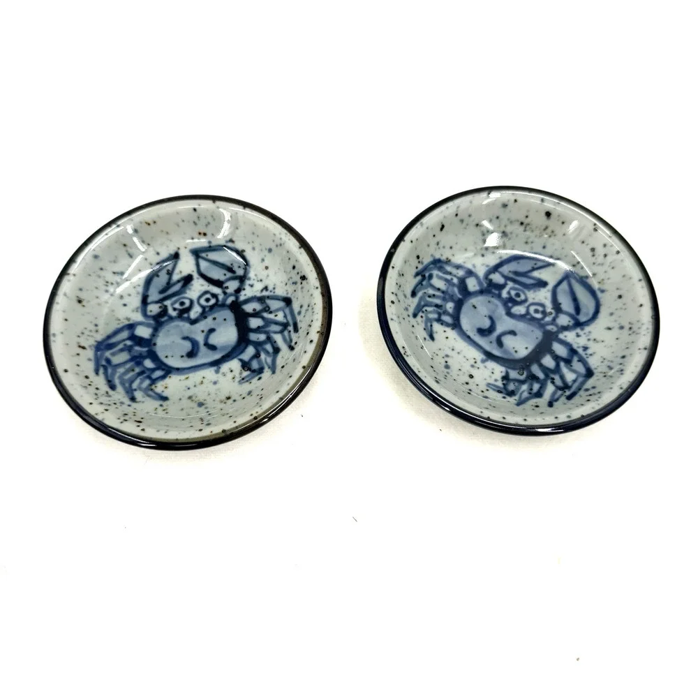Ceramic Sushi Soy Sauce Dish Hand Painted Crab Design Blue Speckled 3.5
